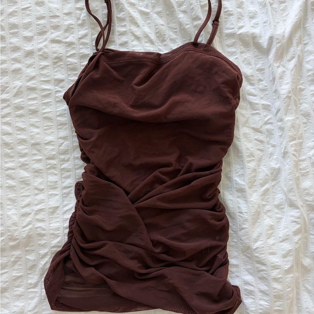 Brown Ruched Mesh Tank Top - Picture 2 of 4